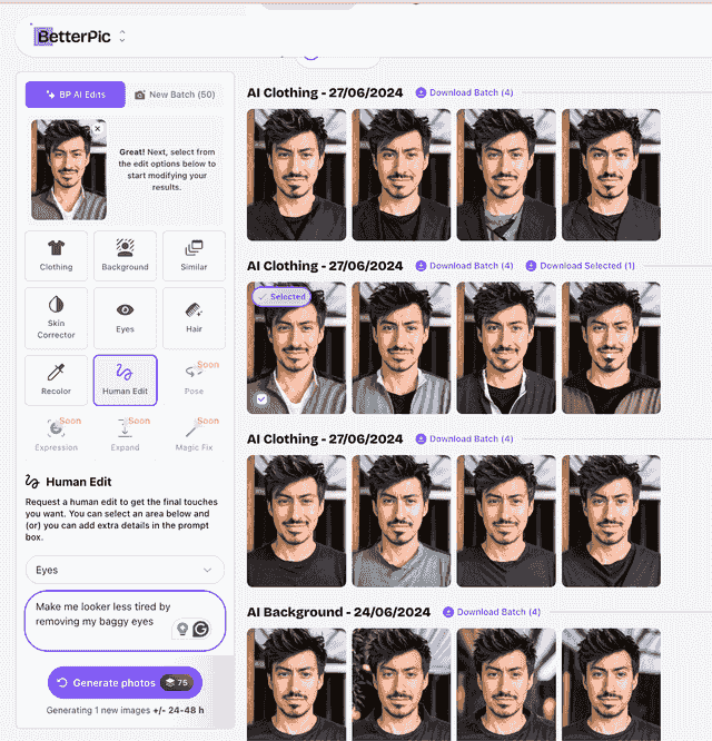 BetterPic human editing interface for AI headshot touch-ups