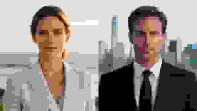 Professional headshots of a woman at the beach and a man in front of a city skyline.
